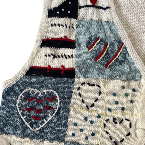 NWT Vtg Y2K 2000s Heart Embroidered Beaded Knit Sweater Vest Sz XL Cottagecore - Picture 2 of 7